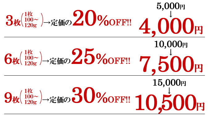 ランプステーキセール価格3枚4000円、6枚7500円、9枚10500円